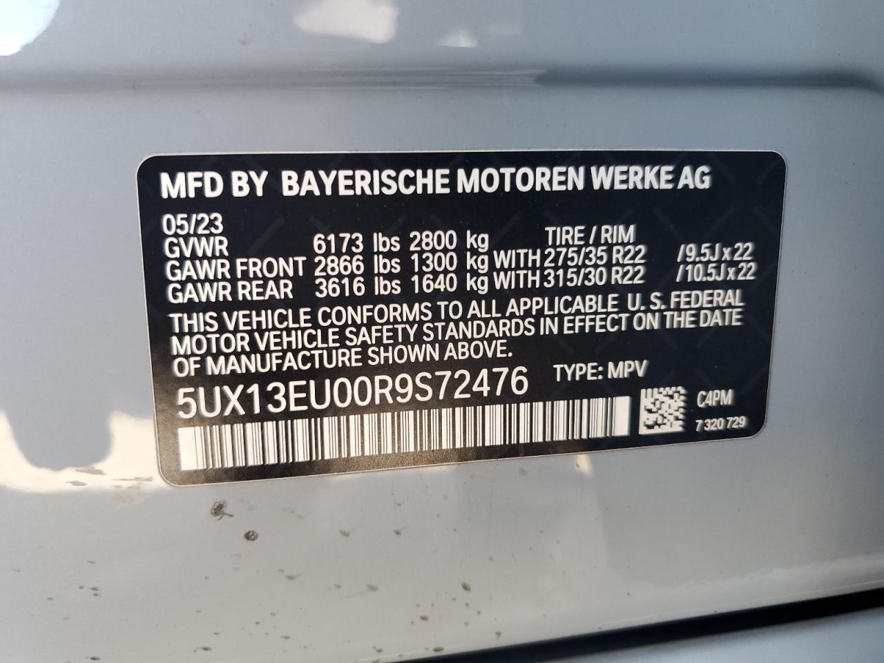 2024 BMW X5 SDRIVE 40I VIN:5UX13EU00R9S72476