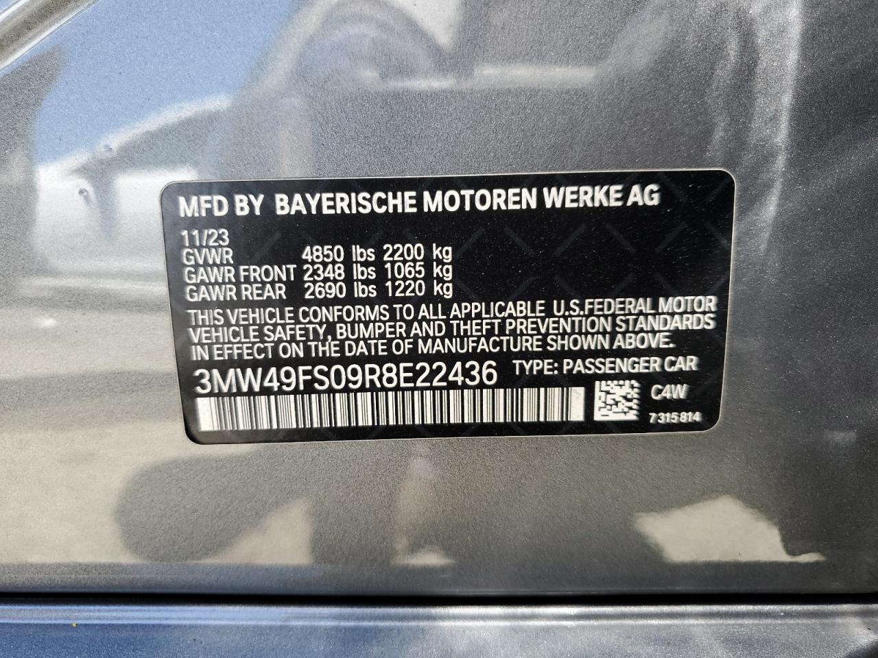 2024 BMW M340I VIN:3MW49FS09R8E22436