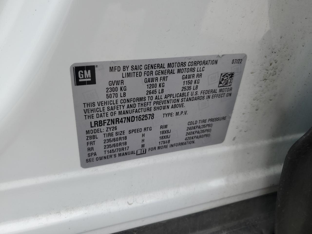 2022 BUICK ENVISION ESSENCE VIN:LRBFZNR47ND162578