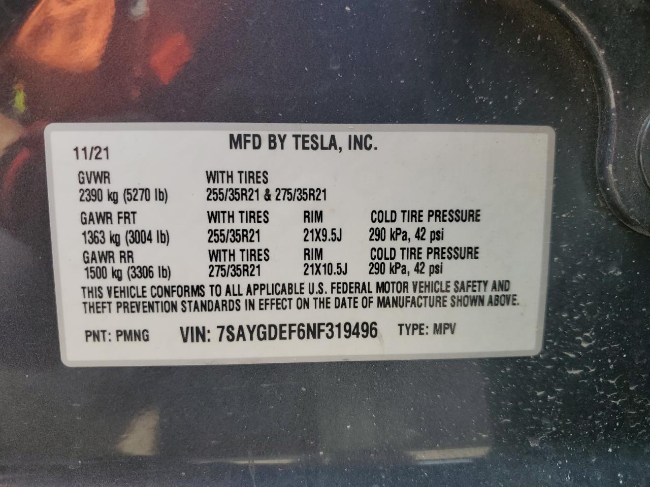 2022 TESLA MODEL Y VIN:7SAYGDEF6NF319496