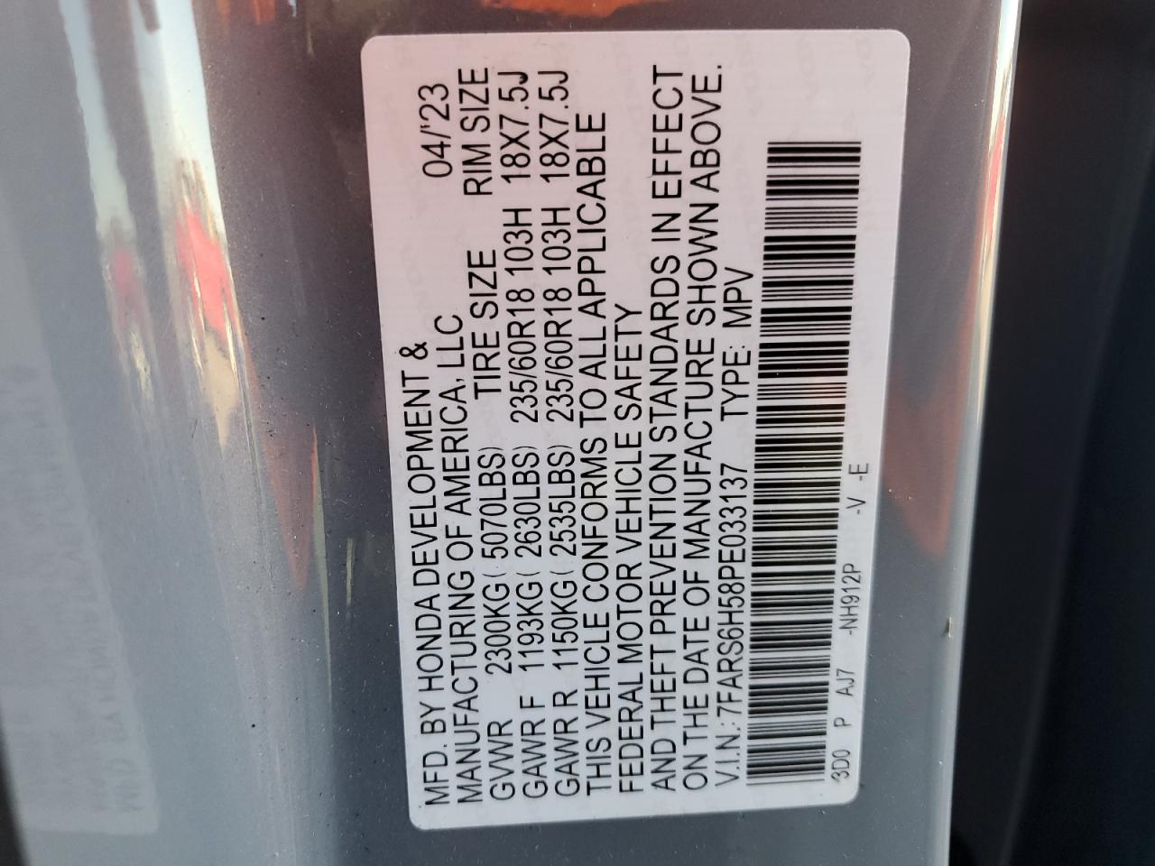 2023 HONDA CR-V SPORT VIN:7FARS6H58PE033137