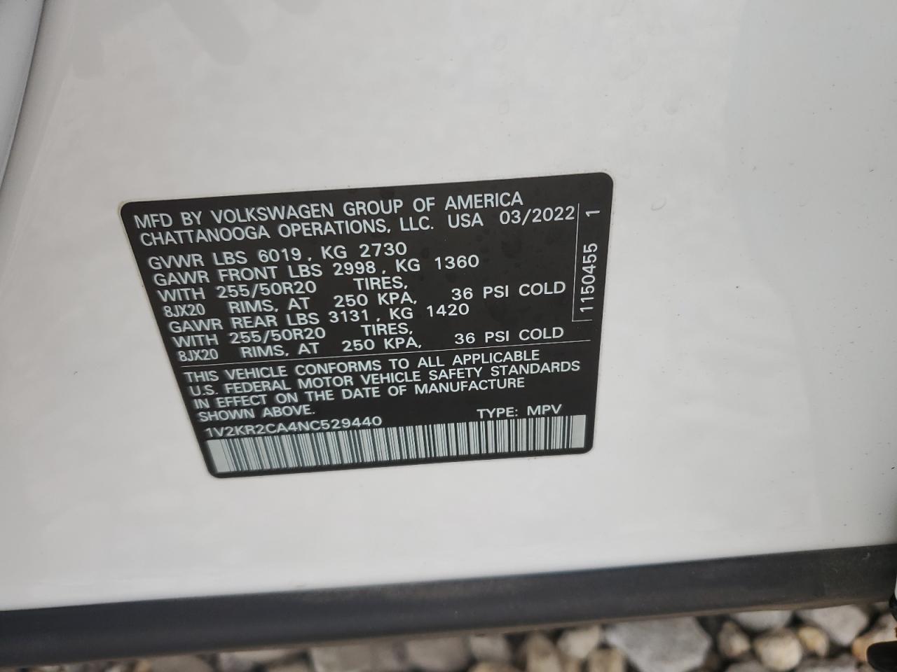 2022 VOLKSWAGEN ATLAS SE VIN:1V2KR2CA4NC529440