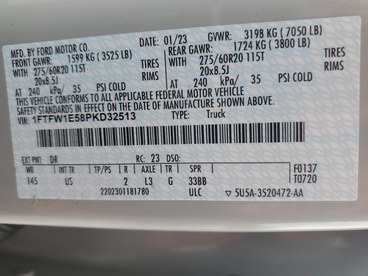 2023 FORD F150 SUPERCREW VIN:1FTFW1E58PKD32513