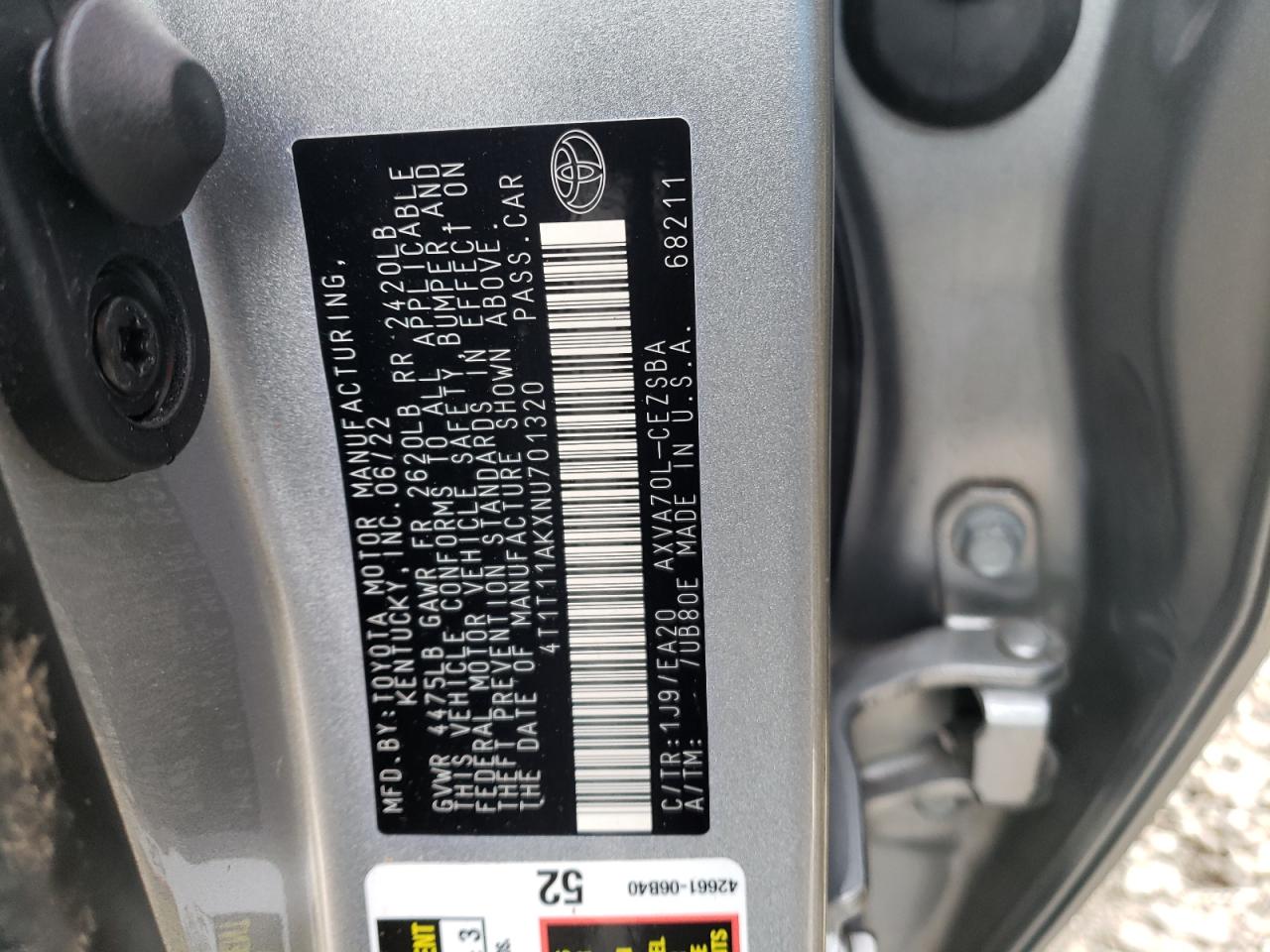 2022 TOYOTA CAMRY SE VIN:4T1T11AKXNU701320