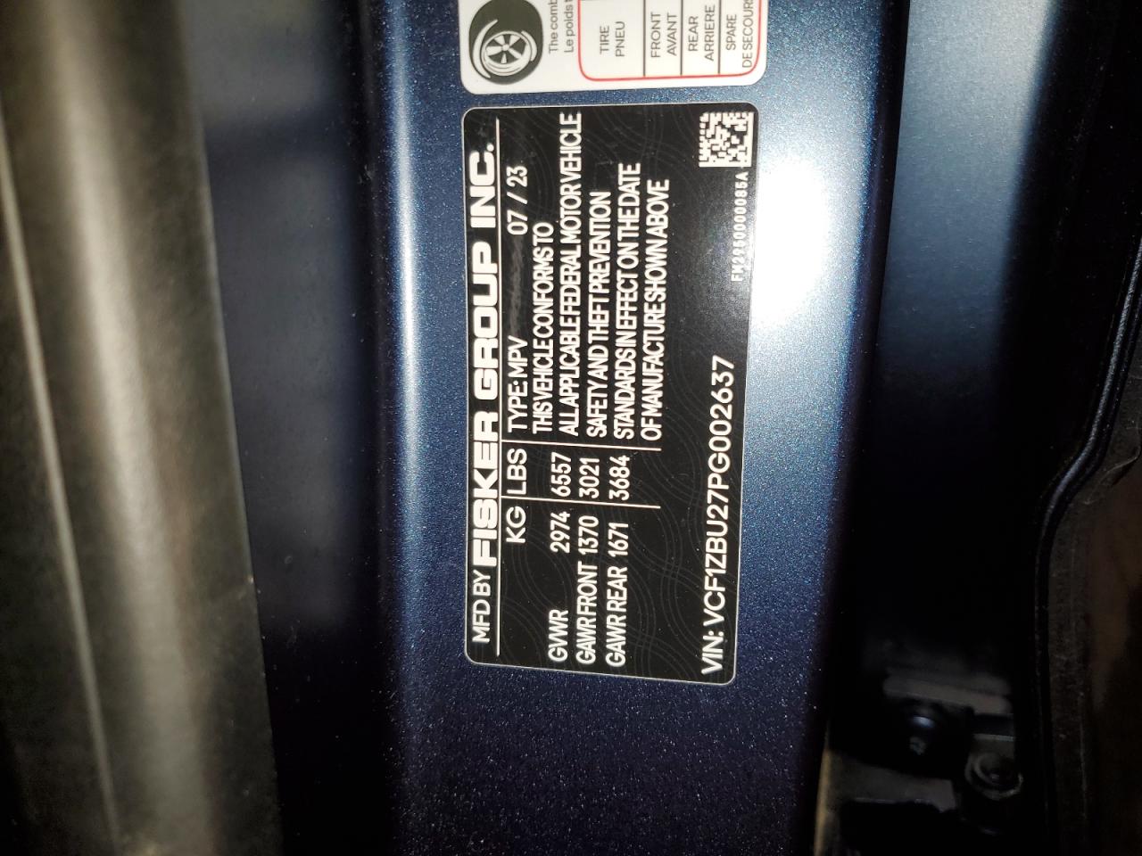 2023 FISKER INC. OCEAN OCEAN ONE VIN:VCF1ZBU27PG002637