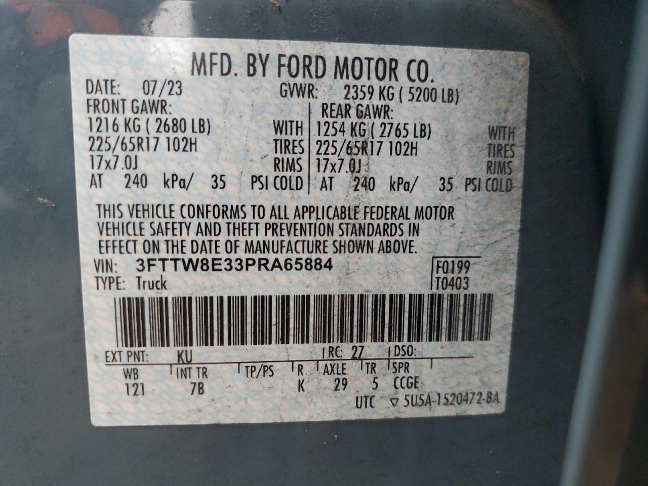 2023 FORD MAVERICK XL VIN:3FTTW8E33PRA65884