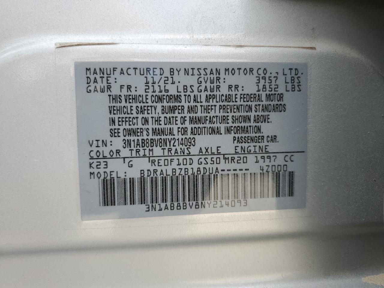 2022 NISSAN SENTRA S VIN:3N1AB8BV8NY214093