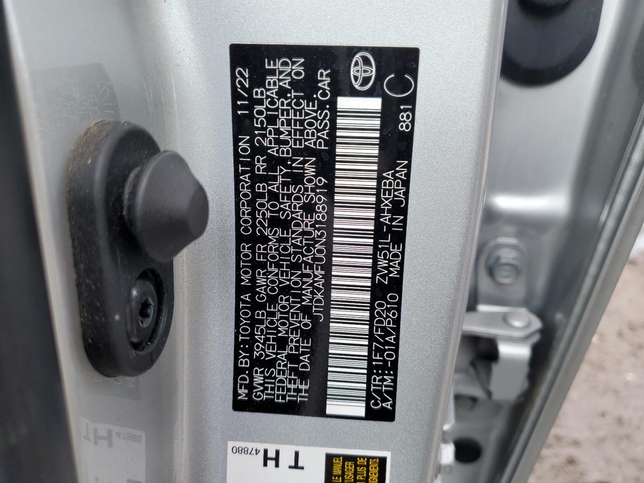2022 TOYOTA PRIUS NIGHT SHADE VIN:JTDKAMFU0N3188919