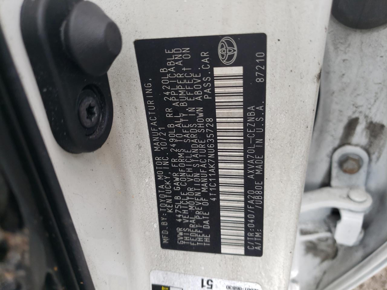 2022 TOYOTA CAMRY LE VIN:4T1C11AK7NU635728