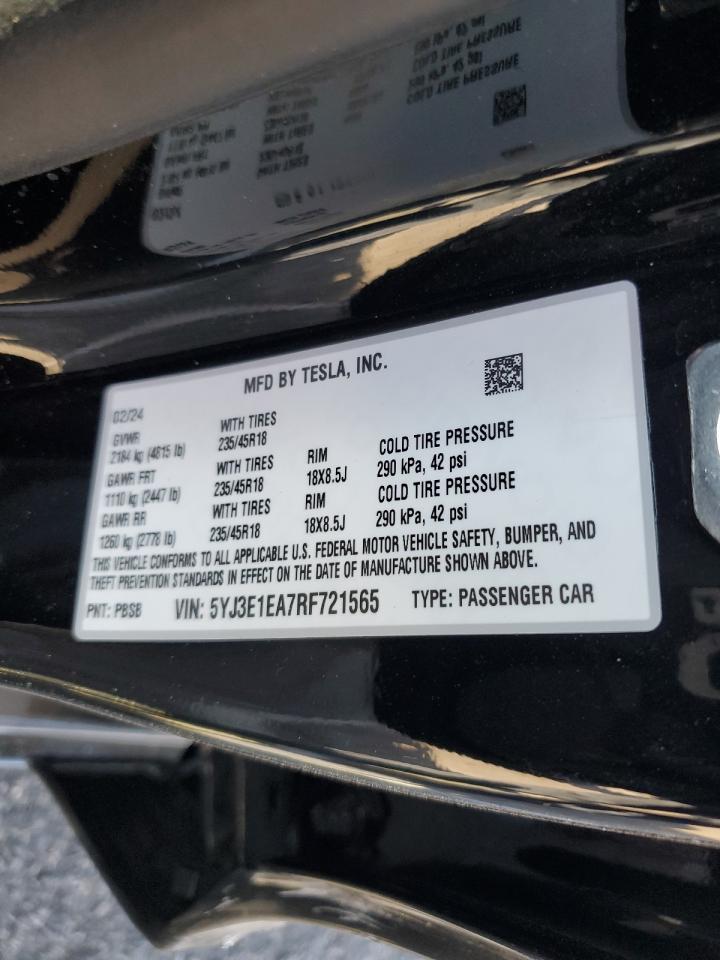 2024 TESLA MODEL 3 VIN:5YJ3E1EA7RF721565