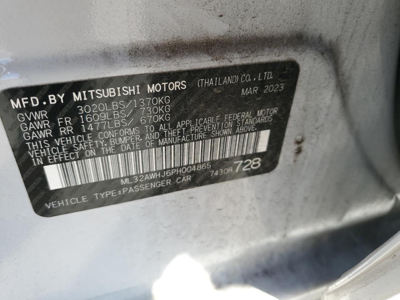 2023 MITSUBISHI MIRAGE SE VIN:ML32AWHJ6PH004865