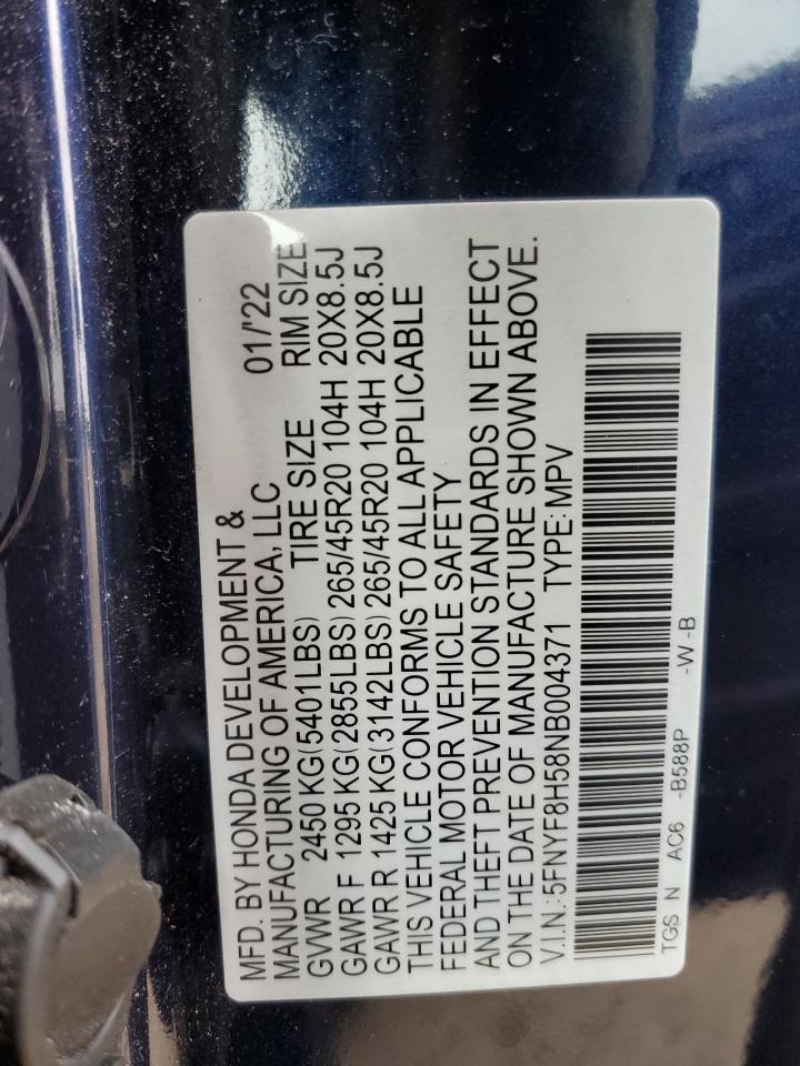 2022 HONDA PASSPORT EXL VIN:5FNYF8H58NB004371
