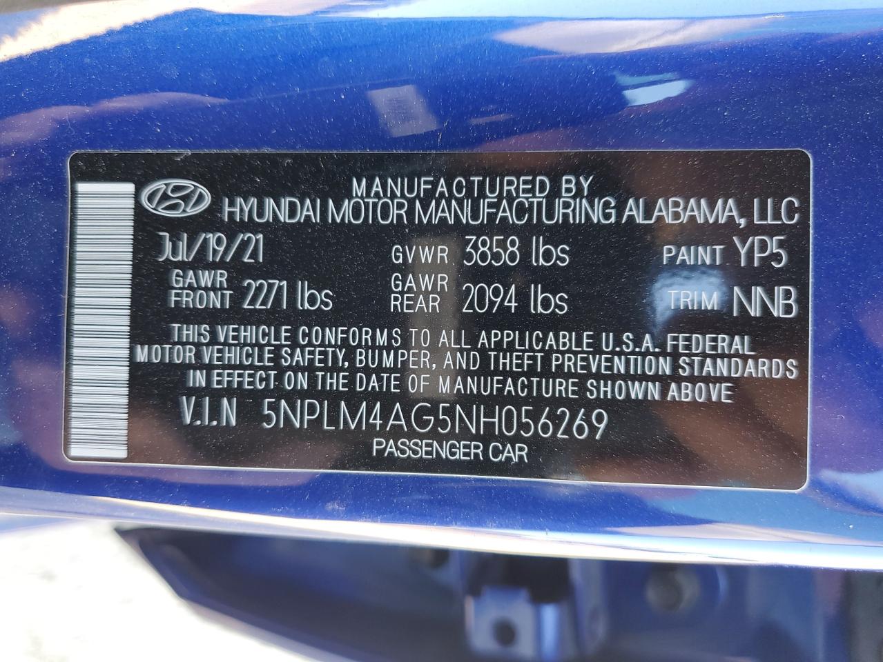 2022 HYUNDAI ELANTRA SEL VIN:5NPLM4AG5NH056269
