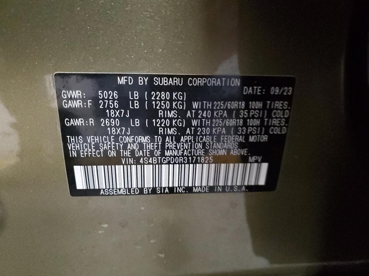 2024 SUBARU OUTBACK TOURING VIN:4S4BTGPD0R3171825