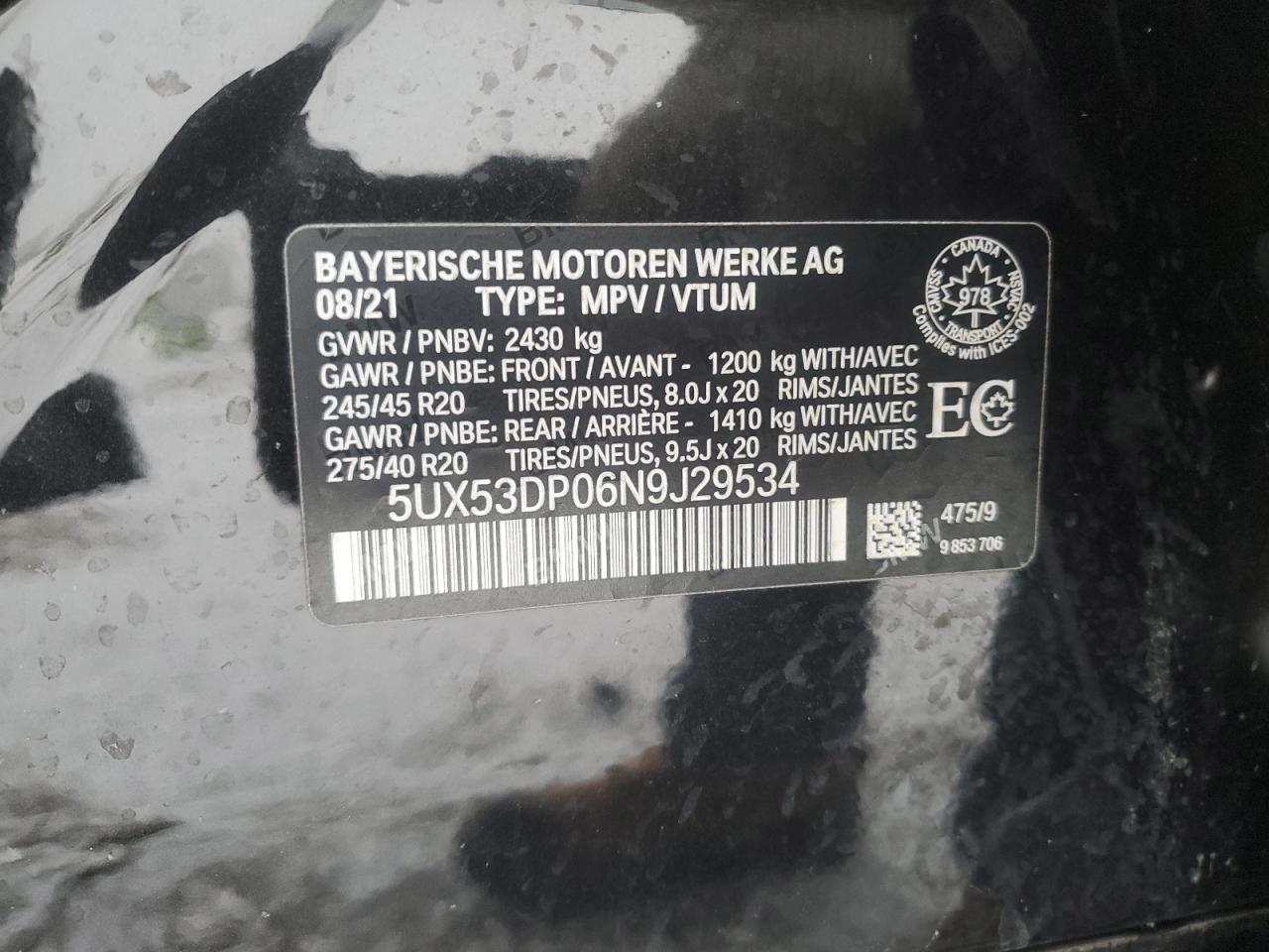 2022 BMW X3 XDRIVE30I VIN:5UX53DP06N9J29534