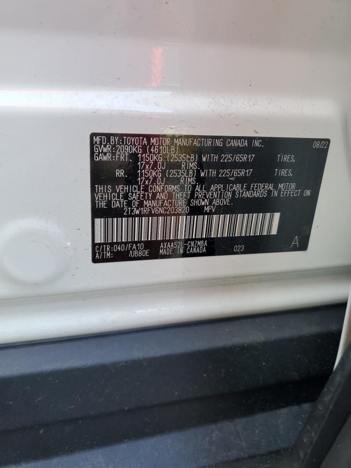 2022 TOYOTA RAV4 XLE VIN:2T3W1RFV6NC203820