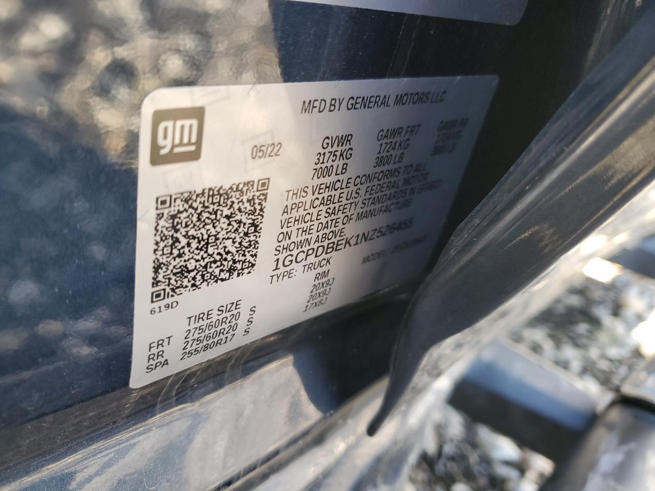 2022 CHEVROLET SILVERADO K1500 CUSTOM VIN:1GCPDBEK1NZ526455