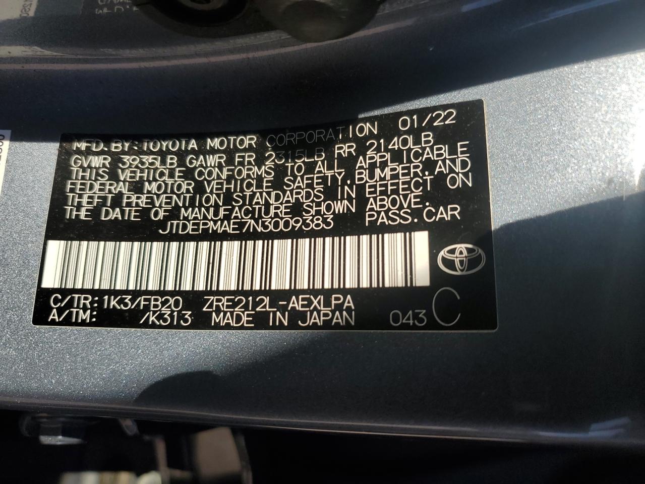 2022 TOYOTA COROLLA LE VIN:JTDEPMAE7N3009383