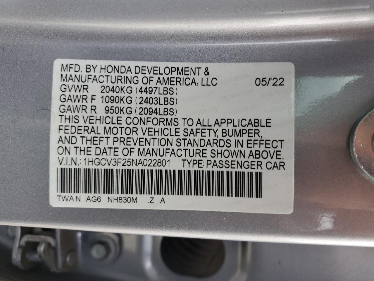 2022 HONDA ACCORD HYBRID SPORT VIN:1HGCV3F25NA022801