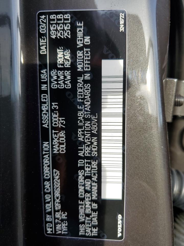 2024 VOLVO S60 CORE VIN:7JRL12FK3RG322457