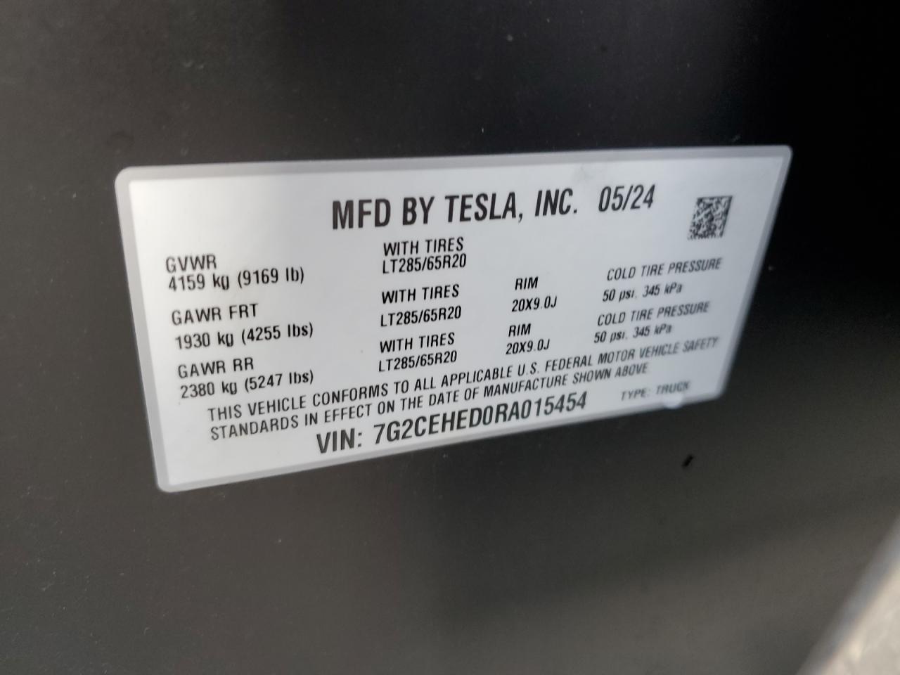 2024 TESLA CYBERTRUCK VIN:7G2CEHED0RA015454
