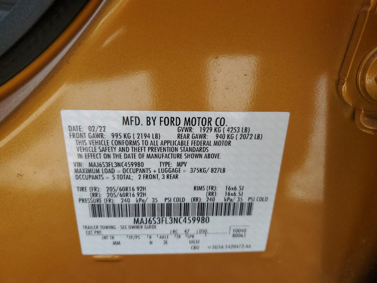 2022 FORD ECOSPORT S VIN:MAJ6S3FL3NC459980