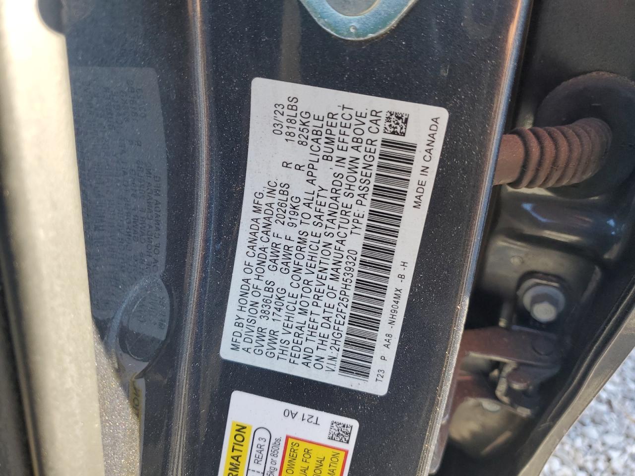 2023 HONDA CIVIC LX VIN:2HGFE2F25PH539320