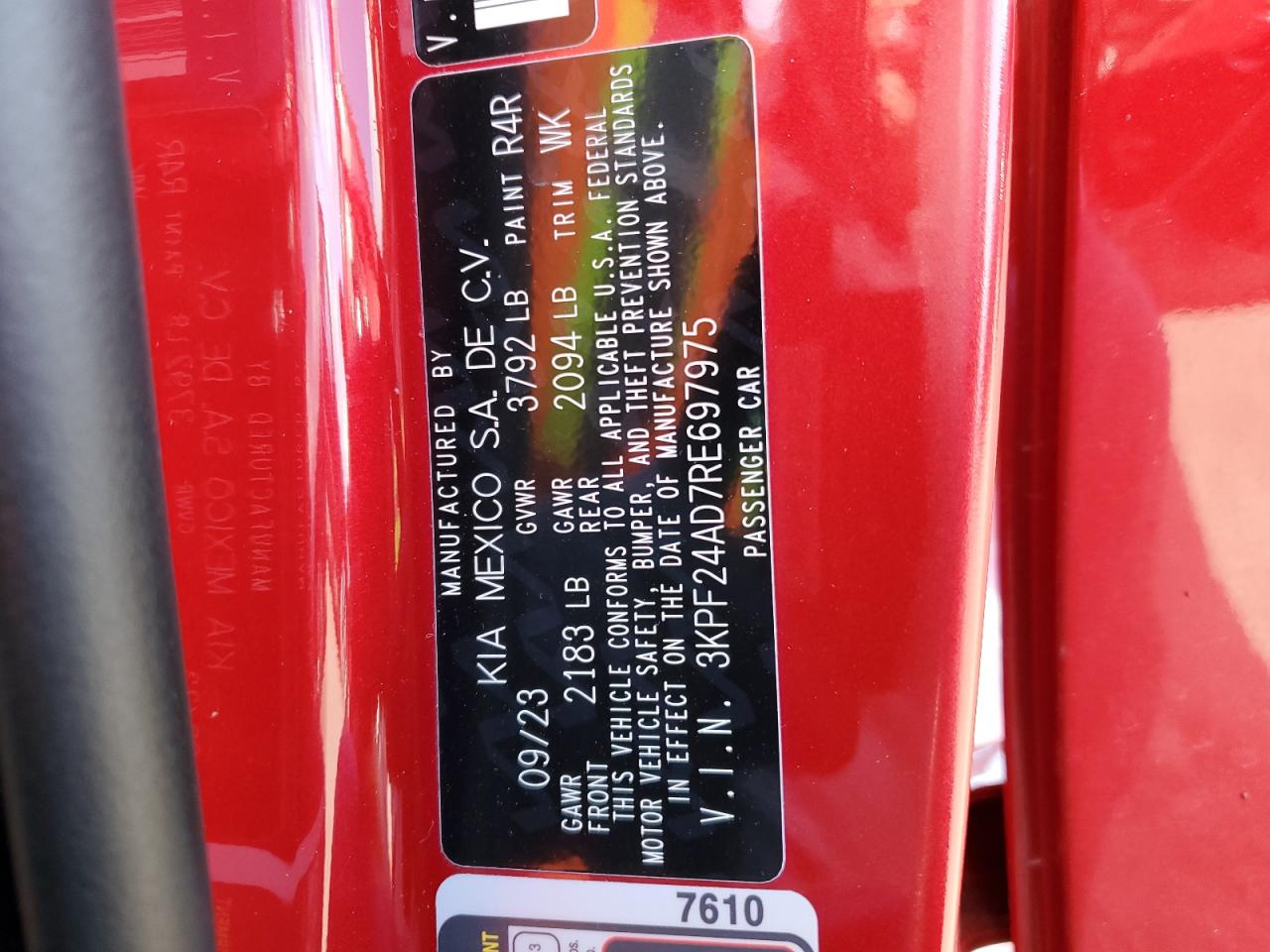 2024 KIA FORTE LX VIN:3KPF24AD7RE697975