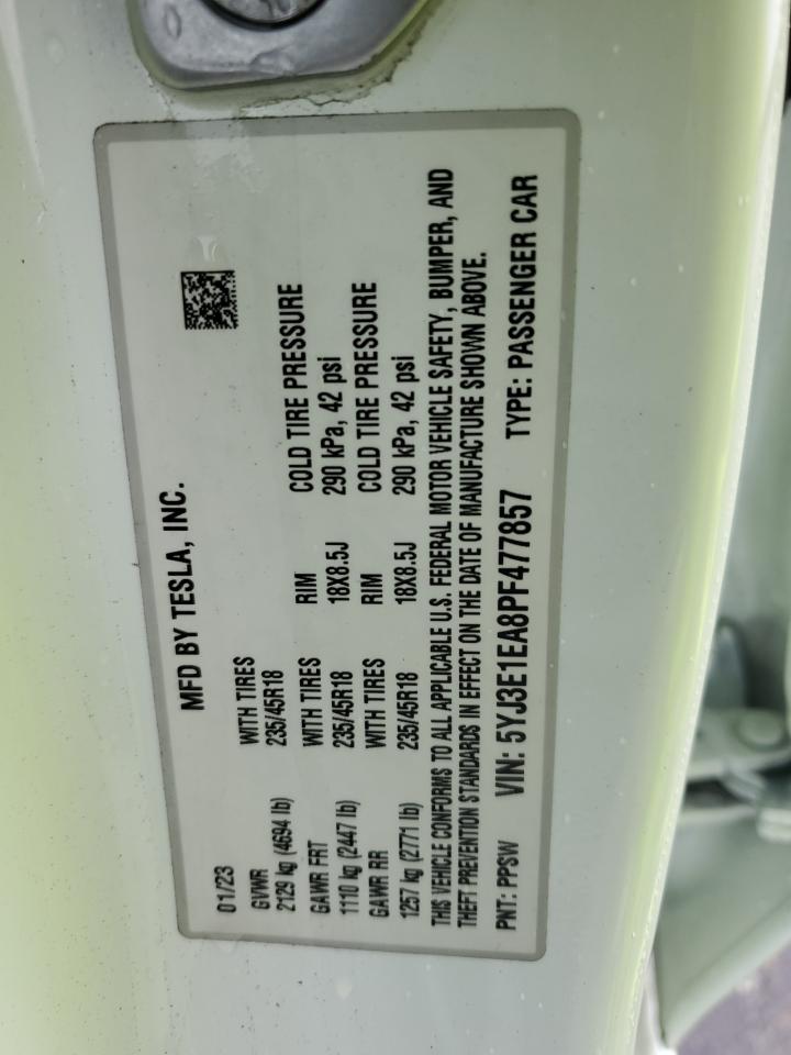 2023 TESLA MODEL 3 VIN:5YJ3E1EA8PF477857