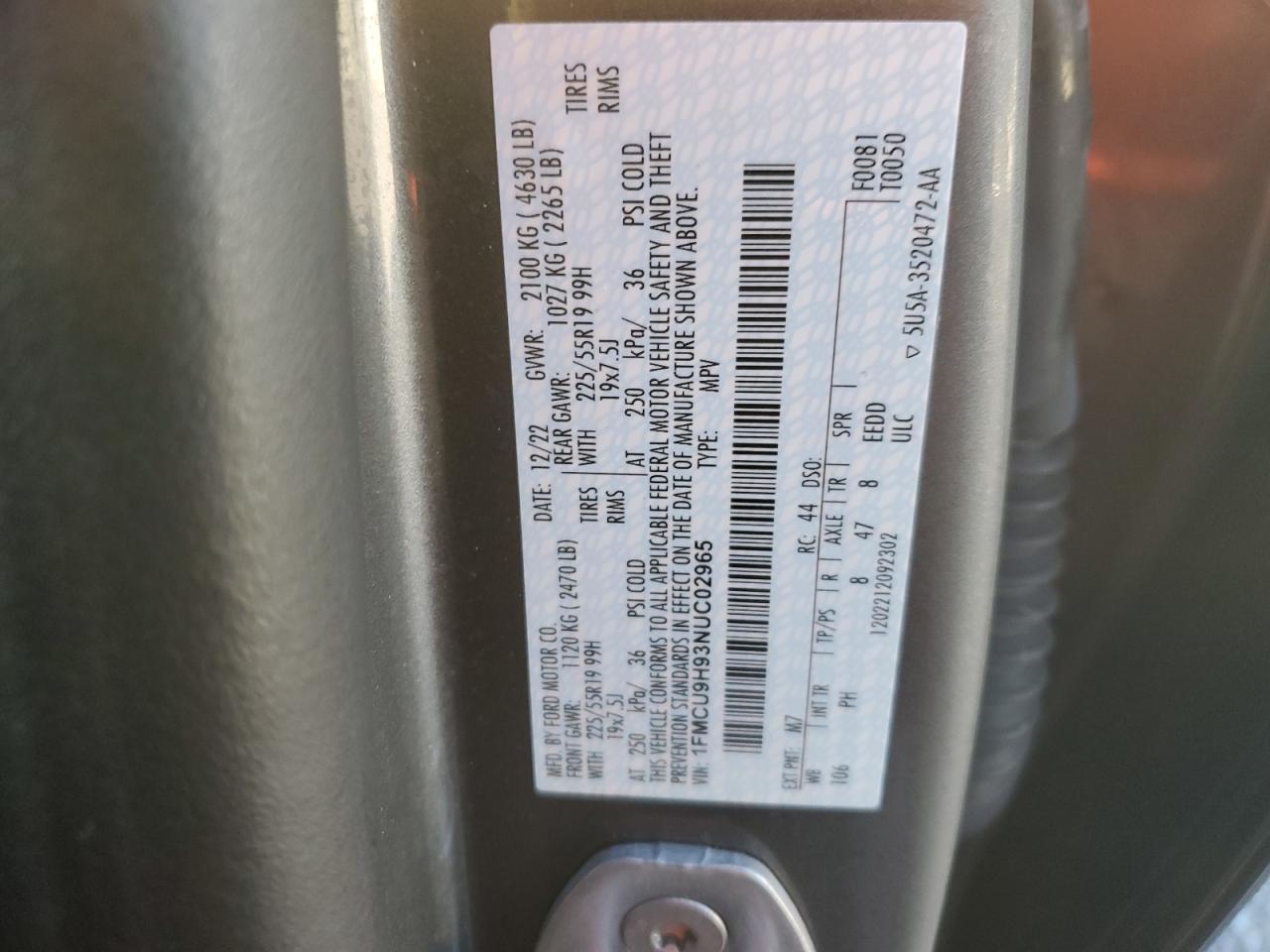 2022 FORD ESCAPE SEL VIN:1FMCU9H93NUC02965