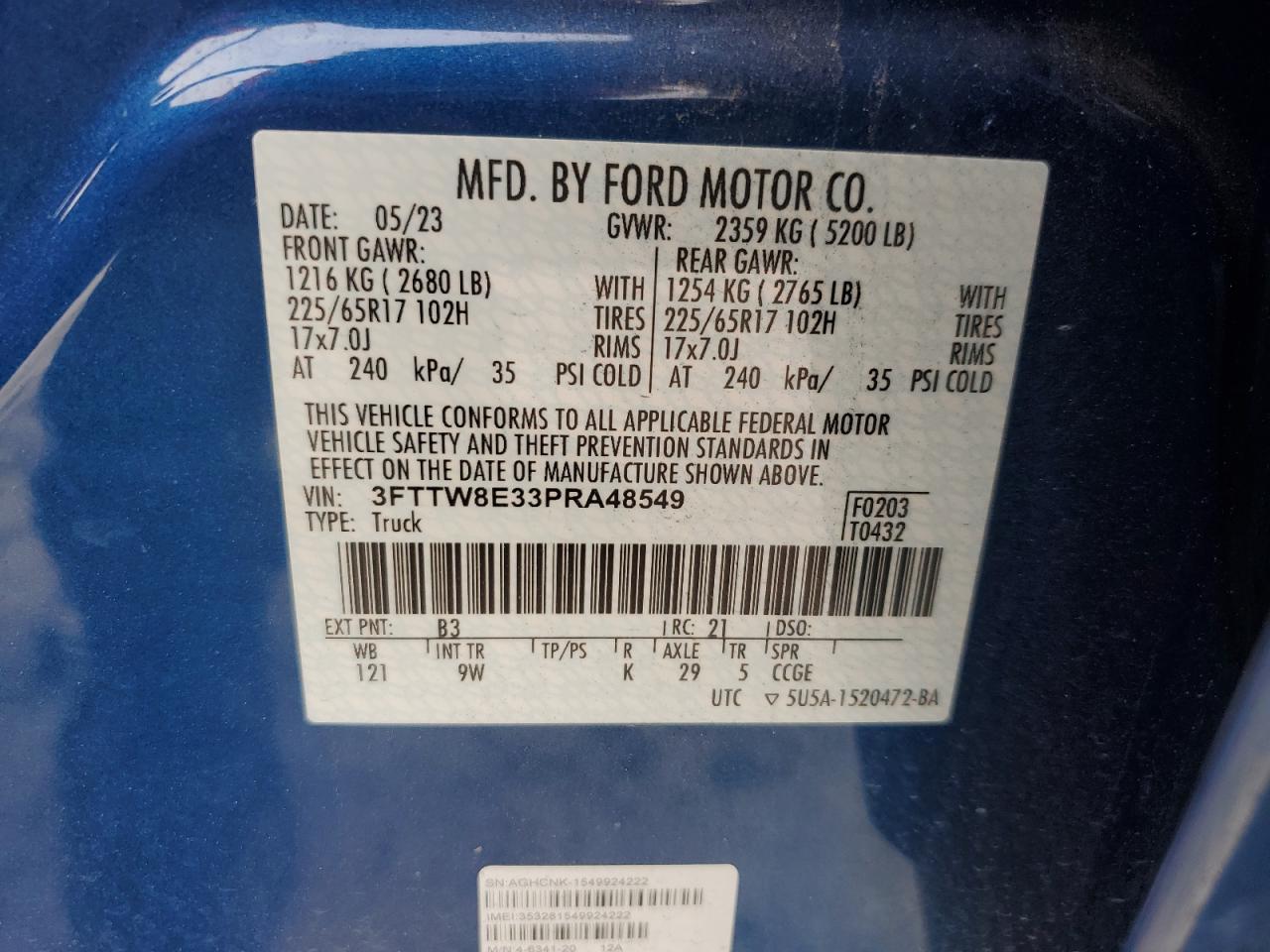 2023 FORD MAVERICK XL VIN:3FTTW8E33PRA48549