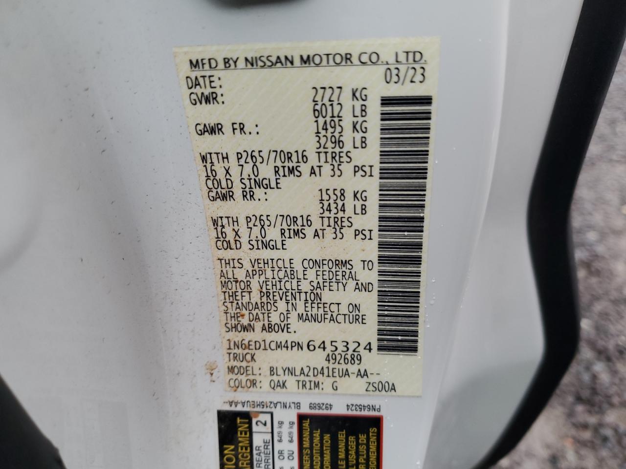 2023 NISSAN FRONTIER S VIN:1N6ED1CM4PN645324