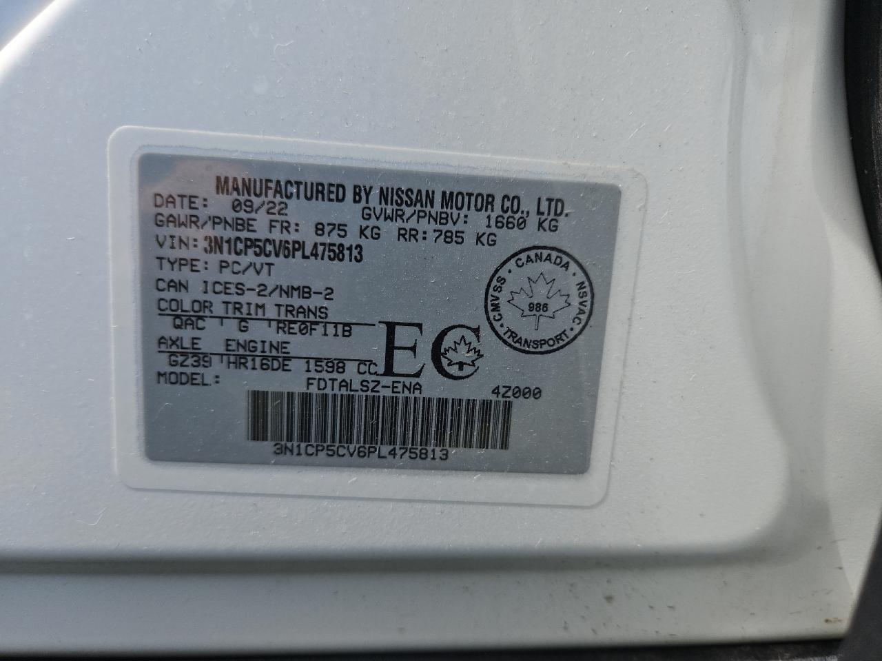 2023 NISSAN KICKS SV VIN:3N1CP5CV6PL475813