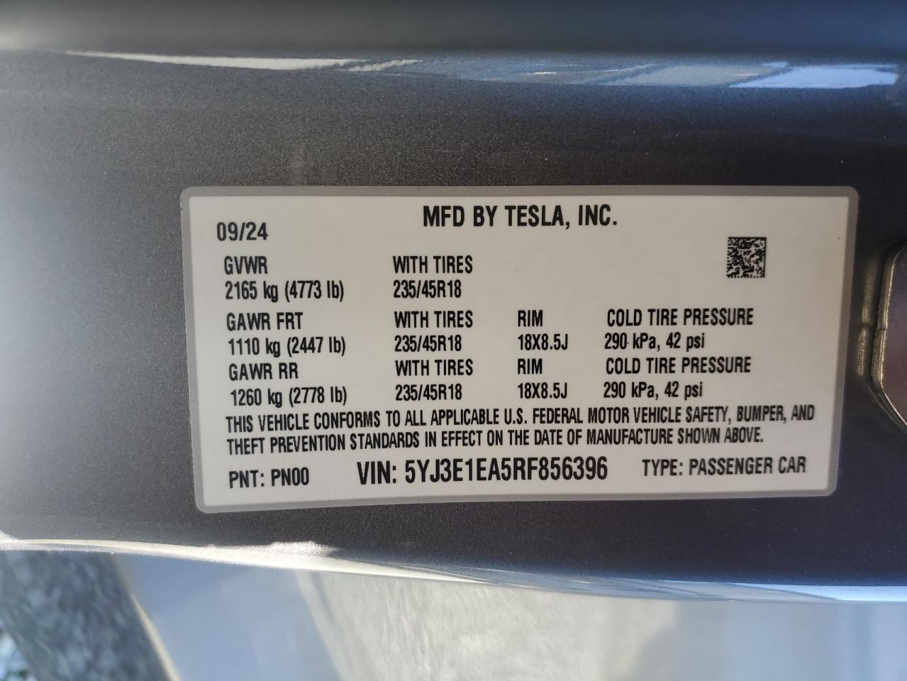 2024 TESLA MODEL 3 VIN:5YJ3E1EA5RF856396