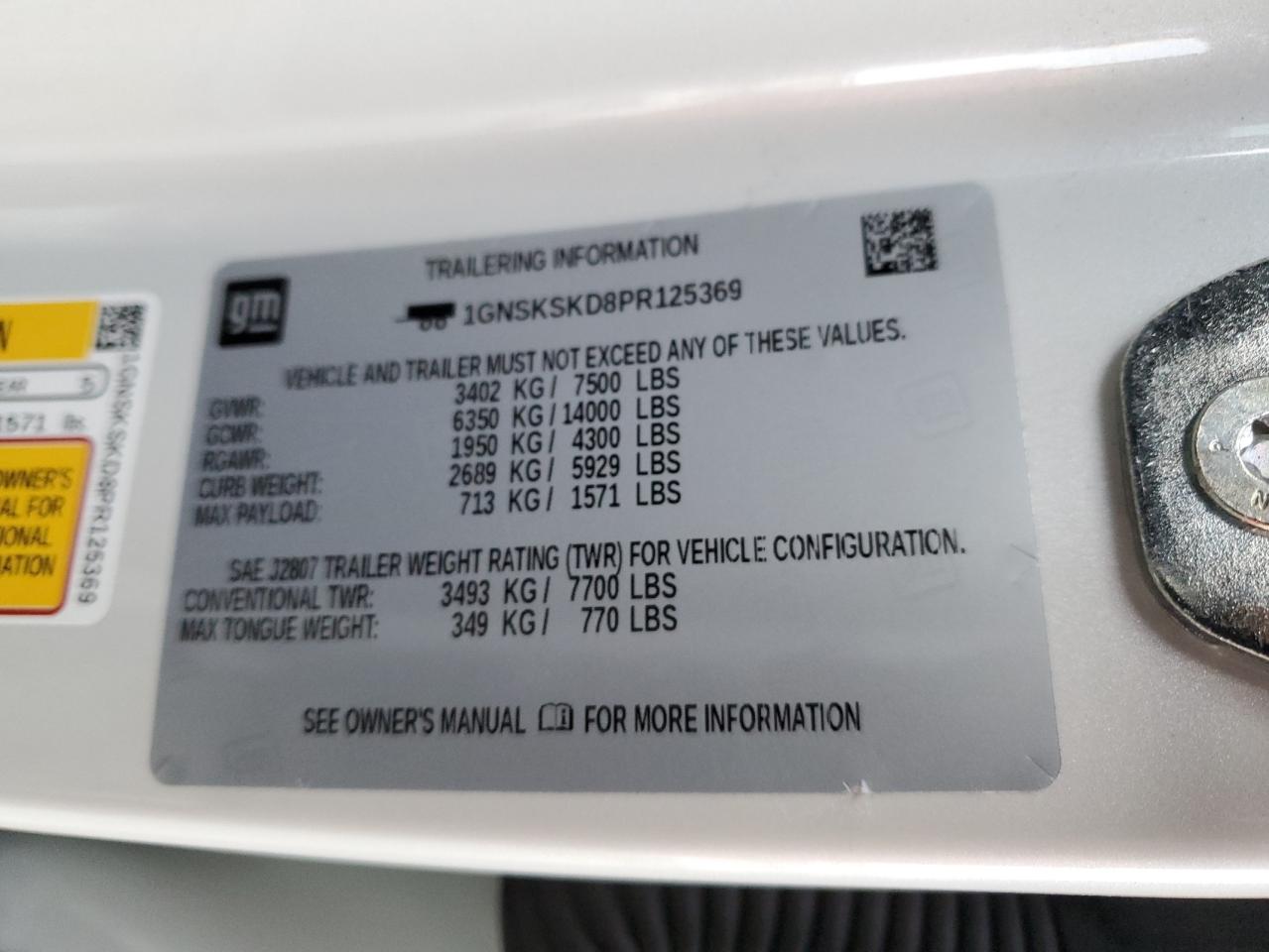 2023 CHEVROLET TAHOE K1500 PREMIER VIN:1GNSKSKD8PR125369