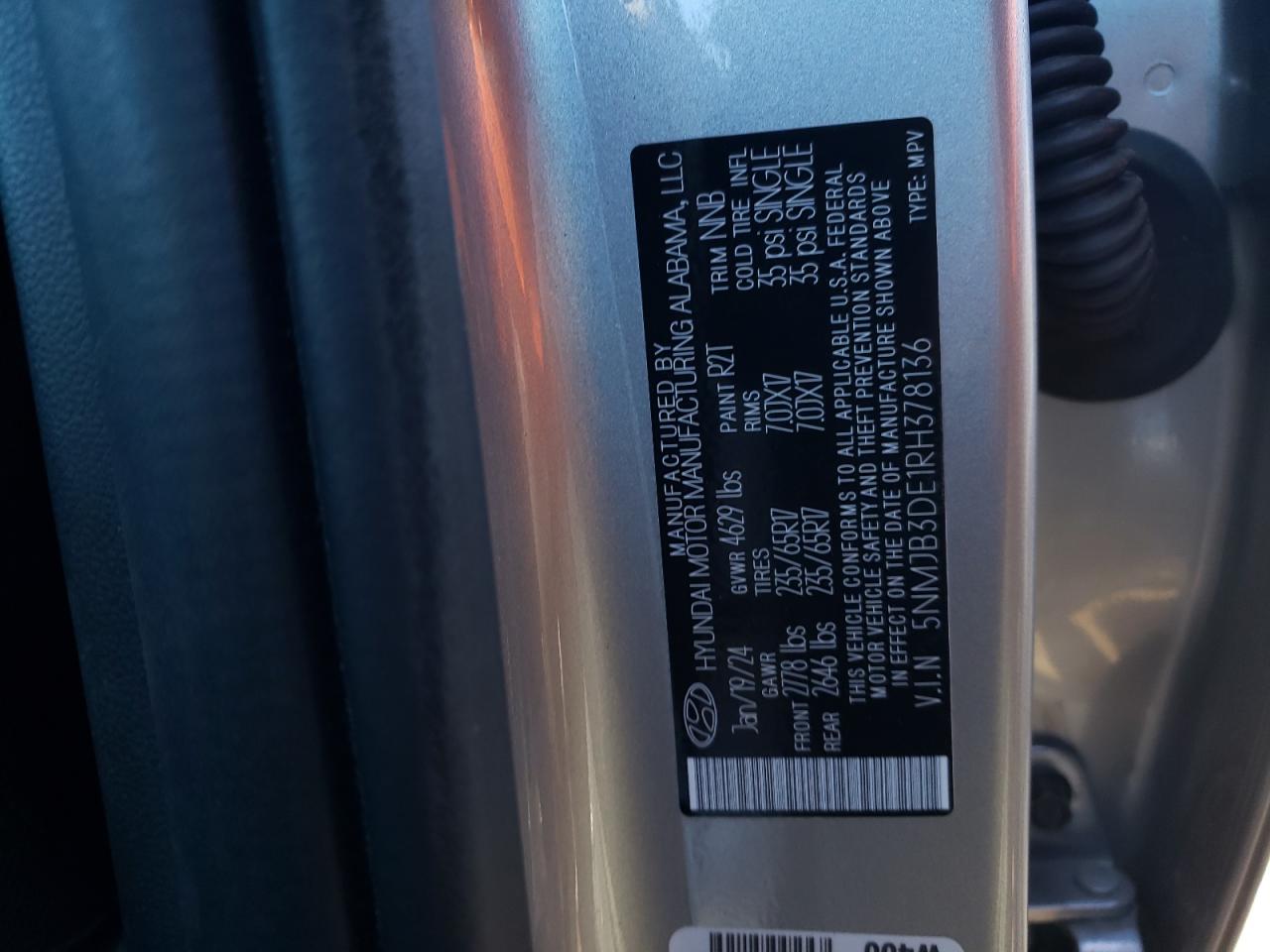 2024 HYUNDAI TUCSON SEL VIN:5NMJB3DE1RH378136