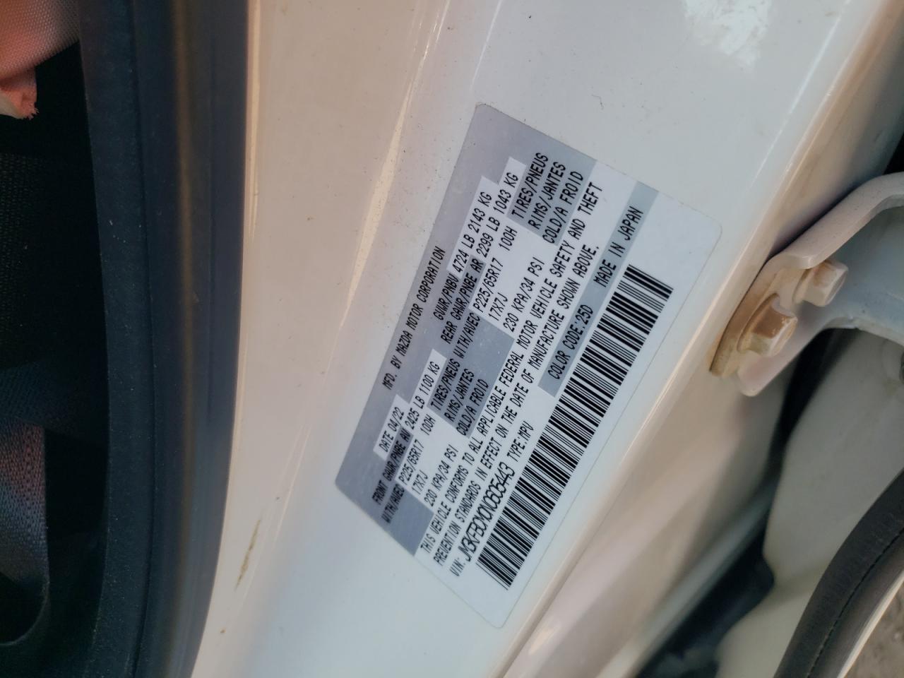 2022 MAZDA CX-5 PREFERRED VIN:JM3KFBCM0N0605443