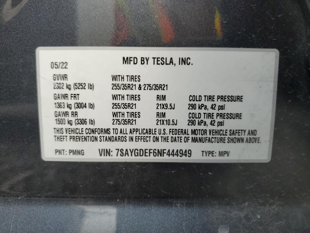 2022 TESLA MODEL Y VIN:7SAYGDEF6NF444949
