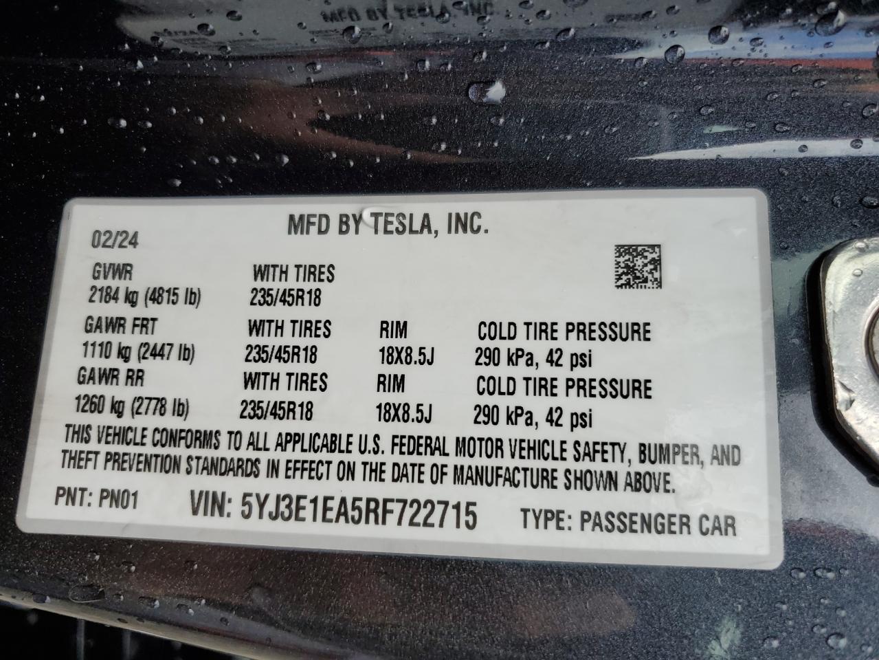 2024 TESLA MODEL 3 VIN:5YJ3E1EA5RF722715