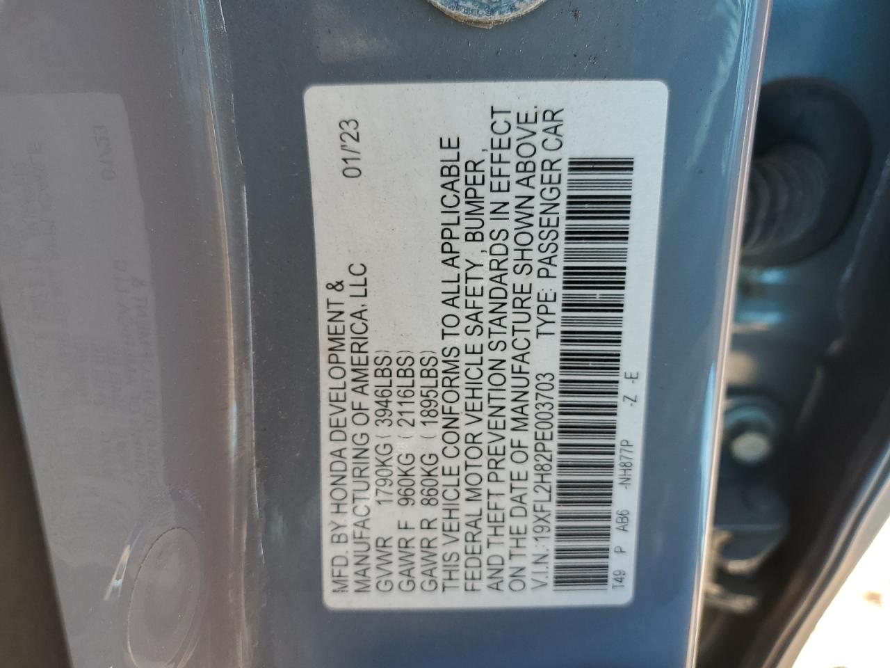 2023 HONDA CIVIC SPORT VIN:19XFL2H82PE003703