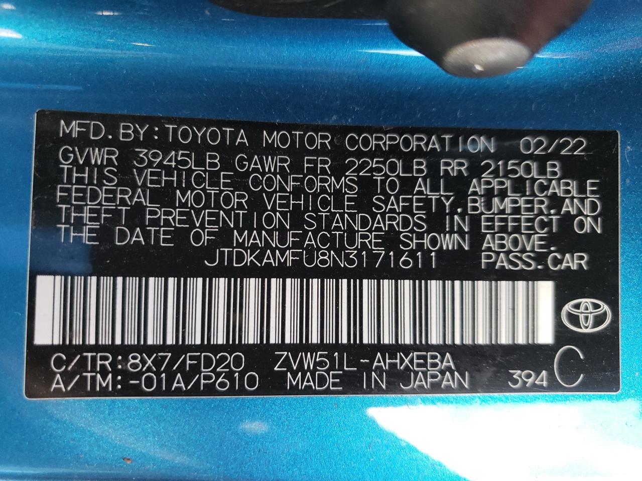 2022 TOYOTA PRIUS NIGHT SHADE VIN:JTDKAMFU8N3171611