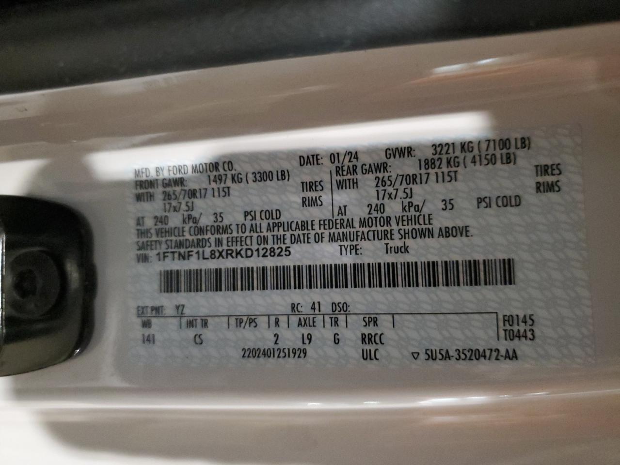 2024 FORD F150 XL VIN:1FTNF1L8XRKD12825