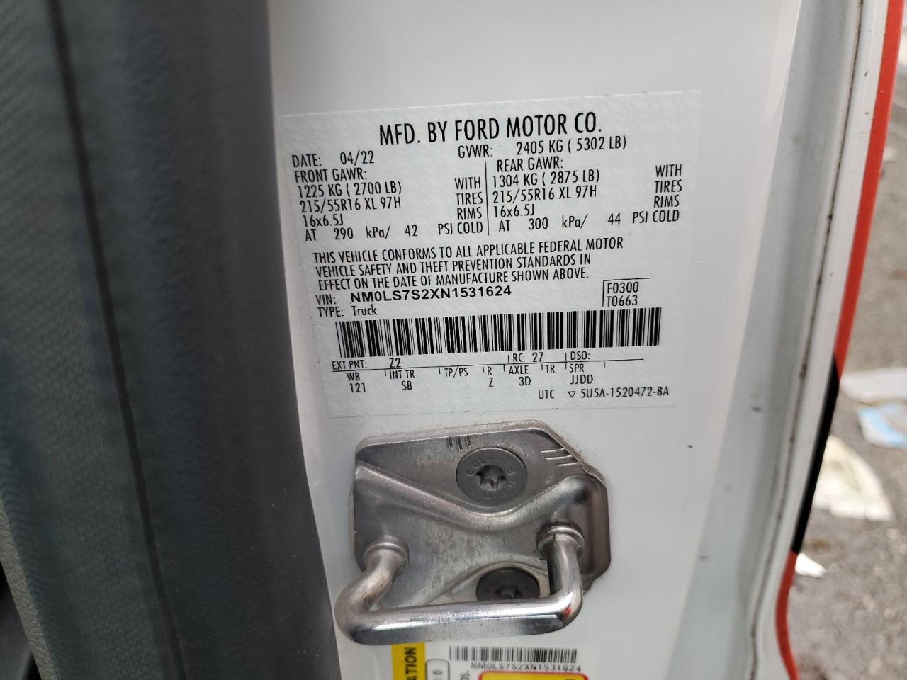2022 FORD TRANSIT CONNECT XL VIN:NM0LS7S2XN1531624
