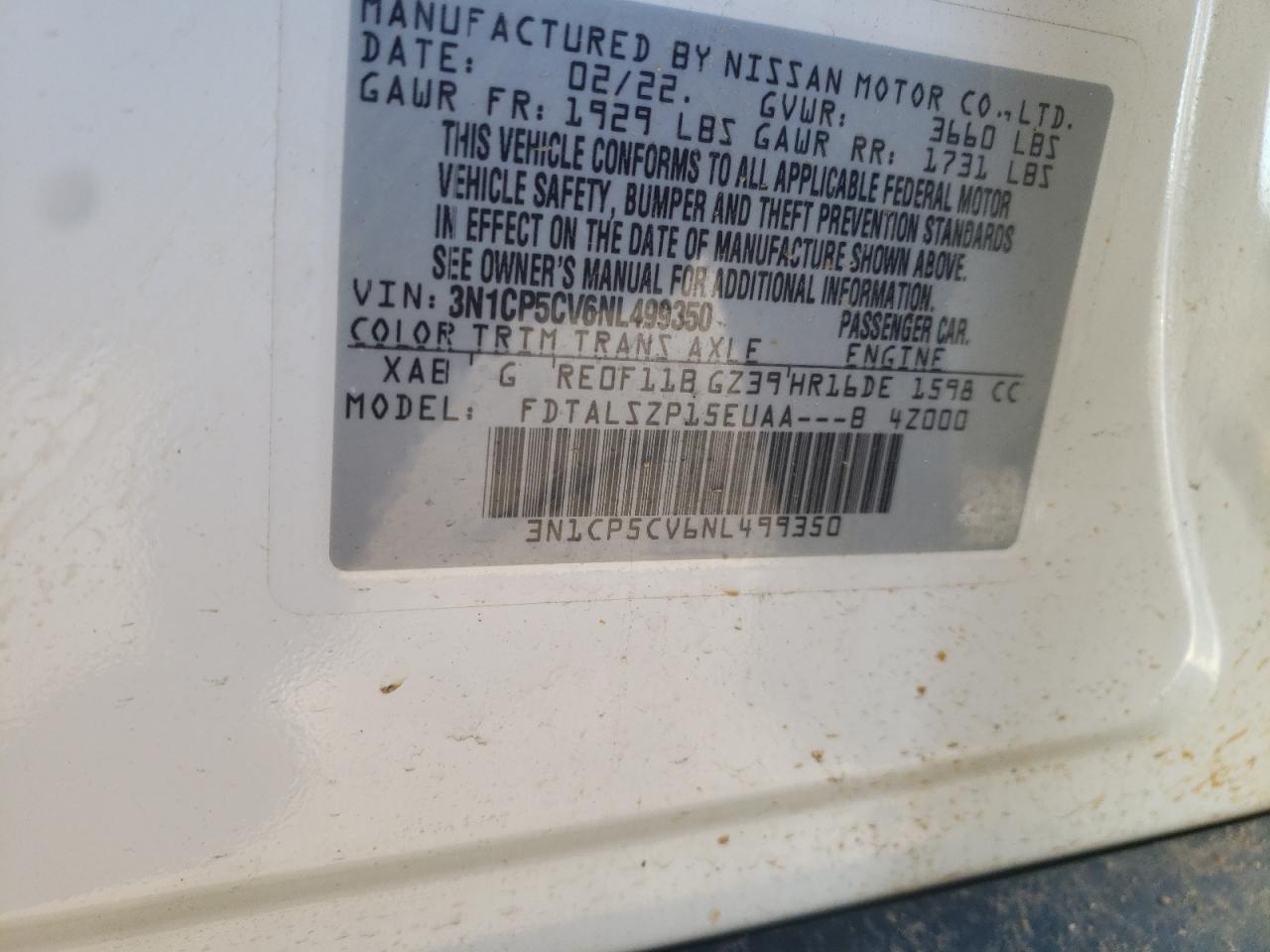 2022 NISSAN KICKS SV VIN:3N1CP5CV6NL499350