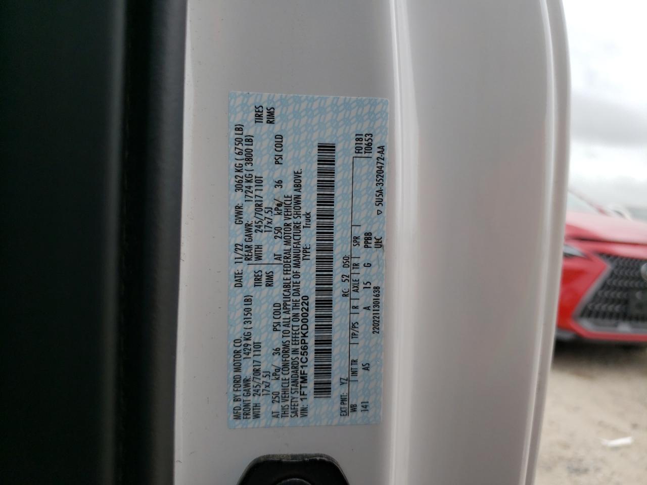 2023 FORD F150 VIN:1FTMF1C56PKD00220