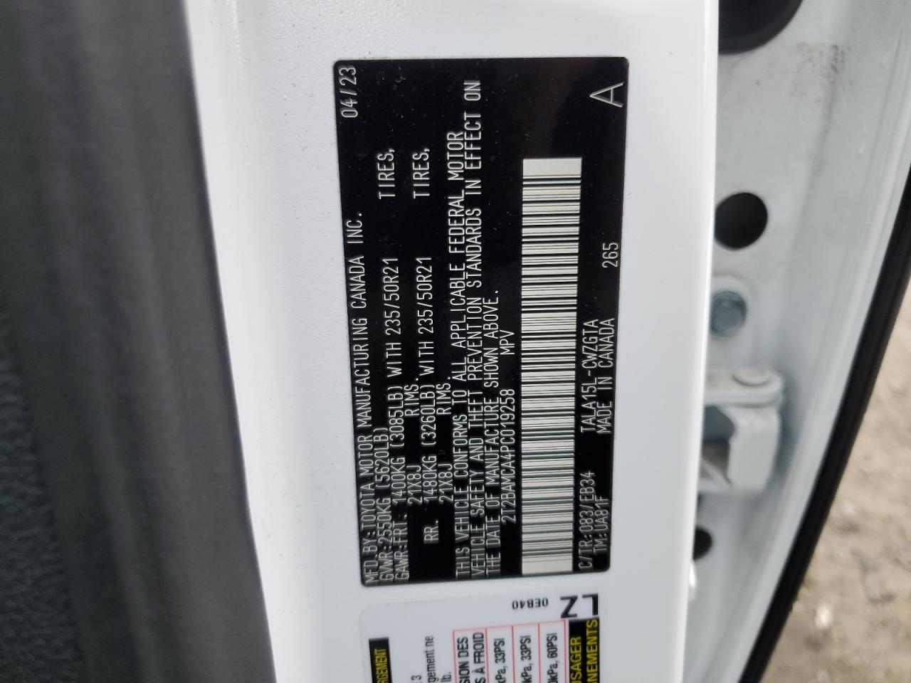 2023 LEXUS RX 350 BASE VIN:2T2BAMCA4PC019258