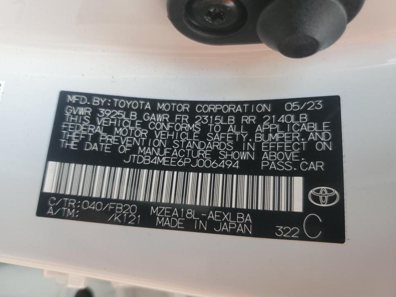 2023 TOYOTA COROLLA LE VIN:JTDB4MEE6PJ006494