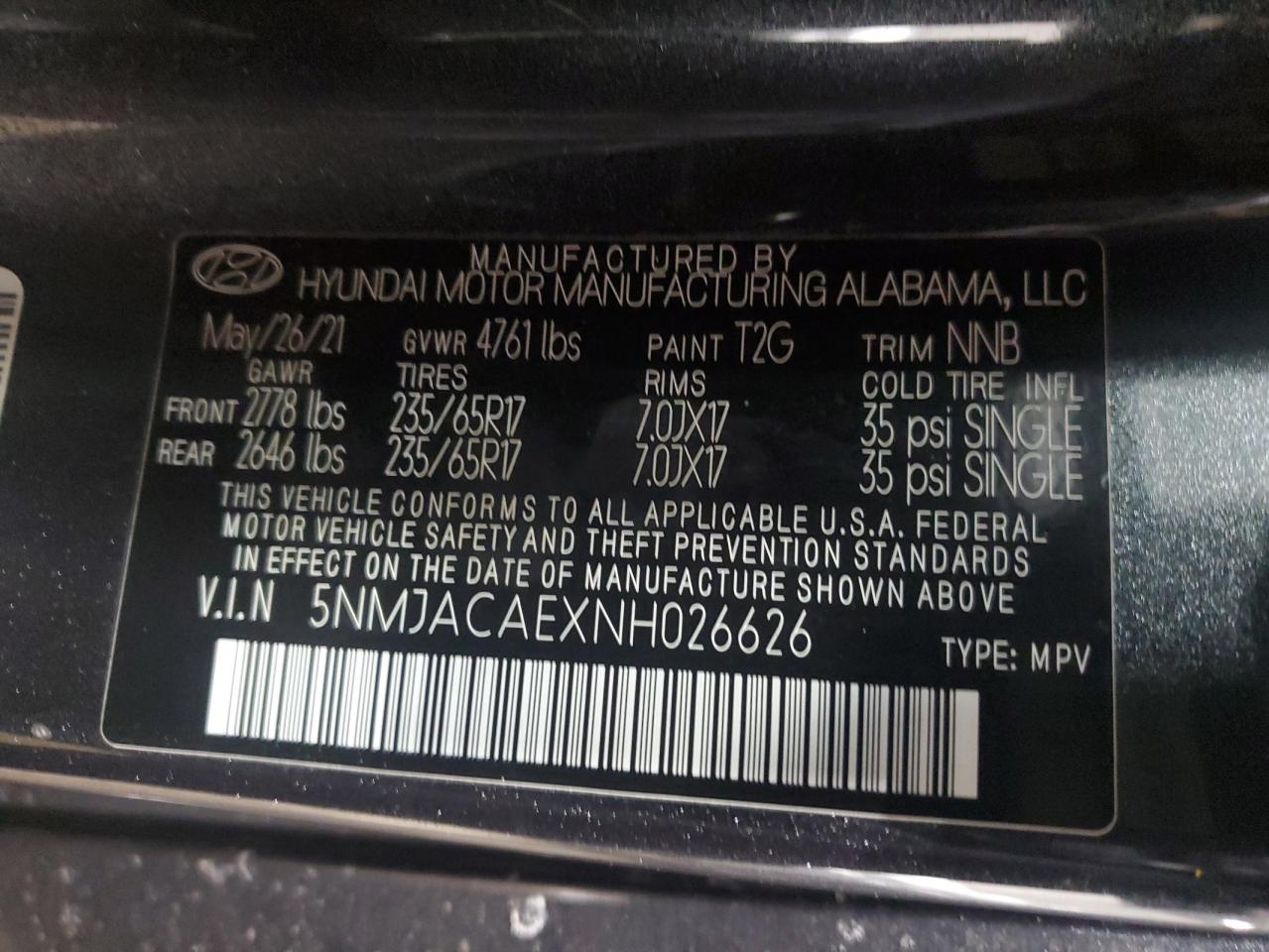 2022 HYUNDAI TUCSON SE VIN:5NMJACAEXNH026626