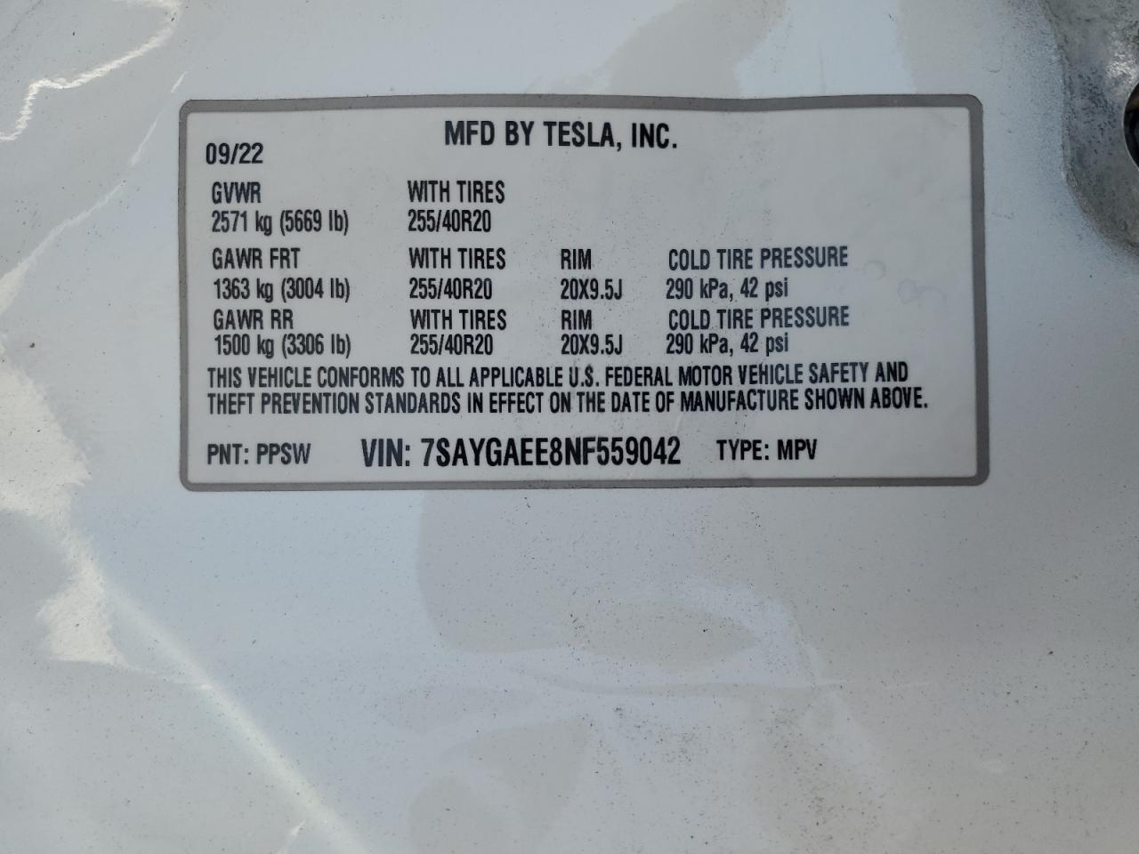 2022 TESLA MODEL Y VIN:7SAYGAEE8NF559042