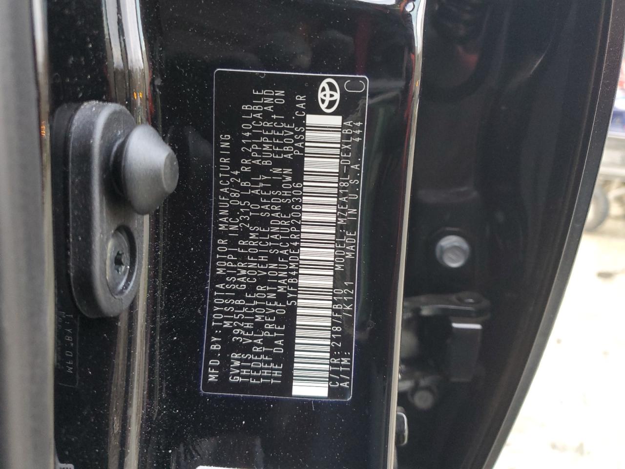 2024 TOYOTA COROLLA LE VIN:5YFB4MDE4RP206306
